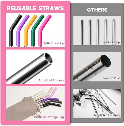 Metal Straw for Stanley 40 oz Cup,Stainless Steel Replacement Straw with Silicone Tips for 40 oz Simple Modern, Meoky, Owala Tumbler, 1 Portable Bag