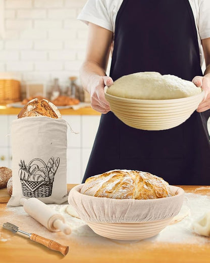 Sourdough Bread Baking Supplies Tools,9 Inch Round Banneton Bread Proofing Basket Set,Sourdough Starter Kit Gift for Bread Making