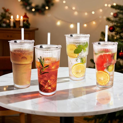 4PCS 20oz Glass Cups with Lids and Straws, Iced Coffee Cups with Lids, Stylish Ribbed Thick Drinking Glasses Tumbler for Juice, Smoothies, Cold Beverages, Cute Cup Gifts with Clean Brush