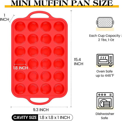 Silicone Mini Muffin Pan With Stainless Steel Reinforced Frame 24 Cups Nonstick Cupcake Molds for Baking Silicone Muffin Tray with Handles(1 Pc, Red)