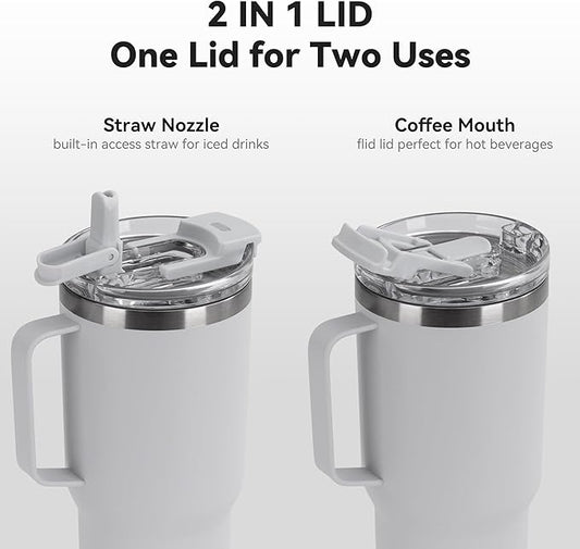 30oz Tumbler with Handle, Insulated Leak Proof Coffee Travel Mug with Straw Lid Double Wall Stainless Steel Vacuum Tumblers Metal Cup Keep Hot and Iced Drink for Gym, Office, Camping, White 1 Pack