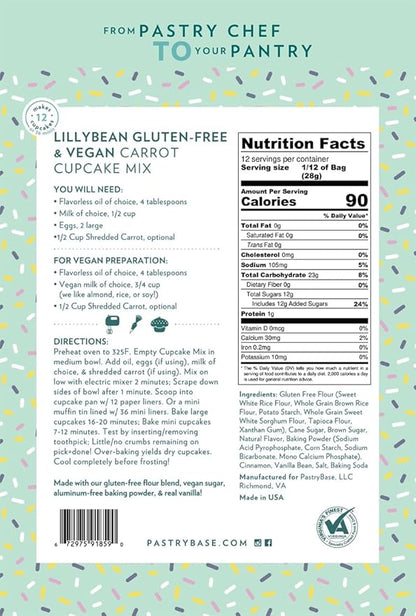 LillyBean Gluten Free Moist Carrot Cake and Cupcake Mix with No Artificial Colors - Dairy and Soy Free, Vegan - Makes Delicious Desserts - Cakes, Donuts, Cake Pops - 12 oz