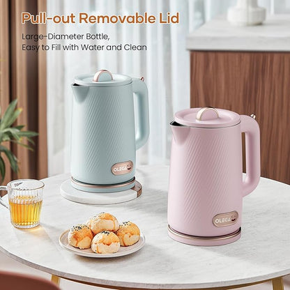 OLEGA Electric Kettle - 1500W Electric Tea Kettle 1.8L Stainless Steel Inner Electric Kettles for Boiling Water Auto Shut Off Boil-Dry Protection Electric Water Kettle for Coffee Tea Pink