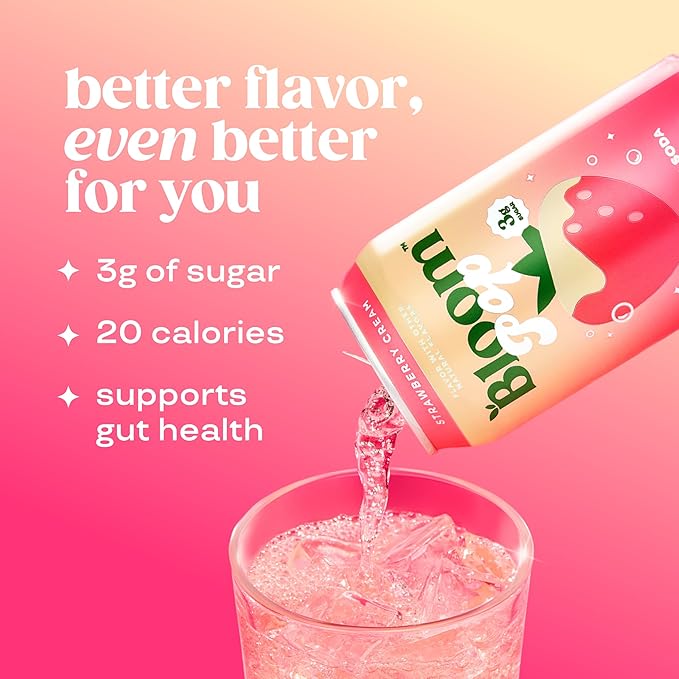 Bloom Pop Prebiotic Soda 12 Pack, Strawberry Cream Flavor, 12oz Cans | Prebiotic Soda for Gut Health, Low Calorie Soda, No Caffeine, Healthy Soft Drink Alternative