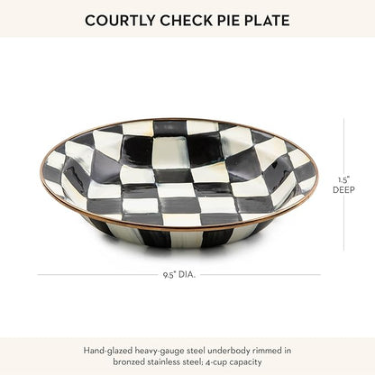 MACKENZIE-CHILDS Enamel Pie Plate, Ovenproof Pie Pan for Cooking and Serving, Black-and-White Courtly Check
