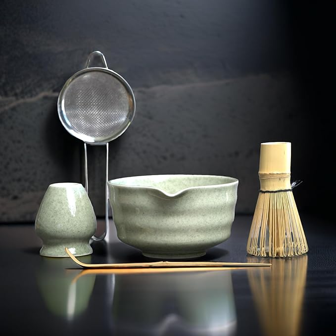 Matcha Whisk Set, Matcha Set, Handcrafted Bamboo Chasen & Ceramic Bowl Matcha Kit, 5 Pcs Matcha Set Whisk and Bowl with Stainless Steel Sifter, Bamboo Scoop & Holder for Matcha Tea Ceremony, Jade