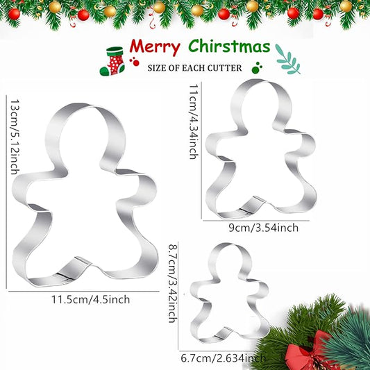3-Piece Gingerbread Man Cookie Cutter Set, 5.12" x 4.34" x 3.42" - Stainless Steel Holiday Cookie Cutter Shapes for Baking Gifts