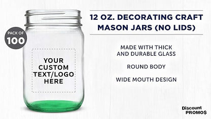 DISCOUNT PROMOS Custom Decorating Mason Jars 12 oz. Set of 100, Personalized Bulk Pack - Glass Jars for Overnight Oats, Candies, Fruits, Pickles, Spices, Beverages - Green