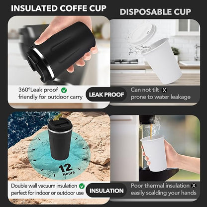 Volhoply 12 oz Double Wall Insulated Vacuum Travel Coffee Mug with Flip Lid Bulk 4 Pack,Reusable Stainless Steel Leak Proof Coffee Cups,Portable Cafe Thermal Tumbler for Hot & Cold Drinks(Black,4 Set)