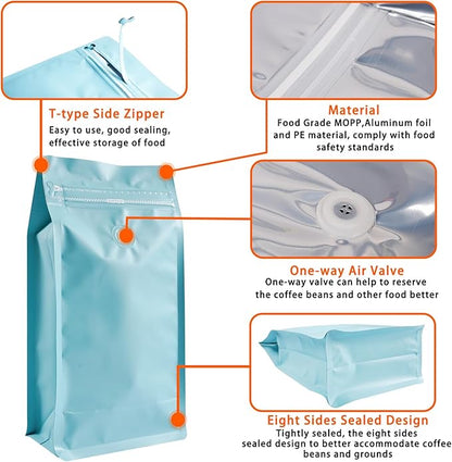 Coffee Bags with Valve (50 PCS,16oz/1lb) Blue High Barrier Aluminum Foil Flat Bottom Standing Coffee Beans Storage Packaging Bags, Reusable Heat Seal Side Zipper Pouches for Small Business and Home