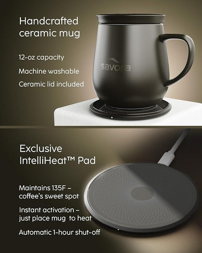 Temperature Control Smart Mug with Wireless Heating Pad - 12oz Ceramic Coffee Mug Warmer | Maintains 135°F Self Heating Cup | IntelliHeat Technology | USB-C Powered - Black