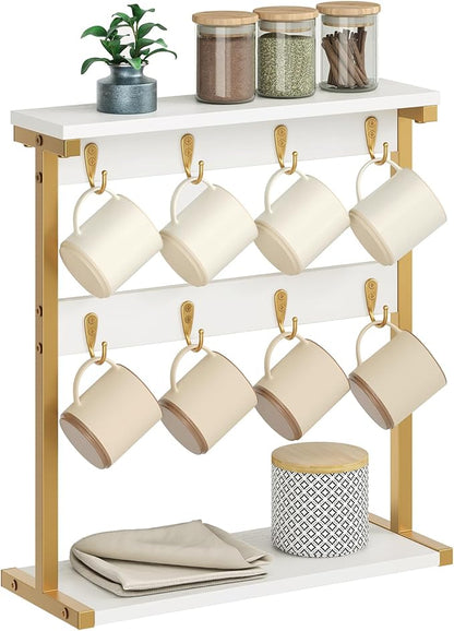 Coffee Mug Holder for Counter, 2 Tier Mug Tree Rack, with 8 Hook and 2 Open Shelves, Vintage Mug Holder Stand for Home Kitchen, White and Gold MH43DW