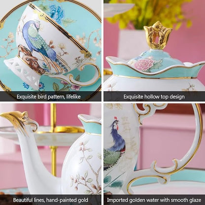 ACMLIFE Fine Bone China Tea Set with Teapot, Porcelain Tea Sets for Adults, 21-Piece Vintage Tea Set for 6, 24K Gold Blue English Floral British China Tea Sets for Women Tea Party for Gifts