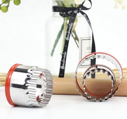 3Pcs Fluted Round Cookie Cutters - 2" & 2.6" & 3", Heavy Duty Food-Grade Stainless Steel, Mini Biscuit Cutter, Unique Design with Protective Red Top PVC