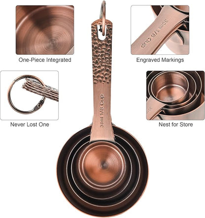 Measuring Cups and Spoons Set 10, Copper Measuring Cups and Spoons Set for Baking & Kitchen, Metric & US Stainless Steel 4 Measure Cups and 5 Spoons with Leveler