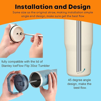 ALINK Stainless Steel Straws Compatible with Stanley Iceflow 20oz Flip Tumbler, 6 Pack Reusable Metal Straws for Stanley Ice Flow 20oz Cup Lid Only, Plus Straw Cleaner Brush