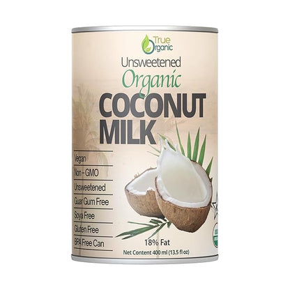 True Organic Unsweetened Coconut Milk 13.5 Fl oz - No Guar Gum, Gluten-Free, Vegan and Kosher - 18% Coconut Milk Fat (12-Pack)