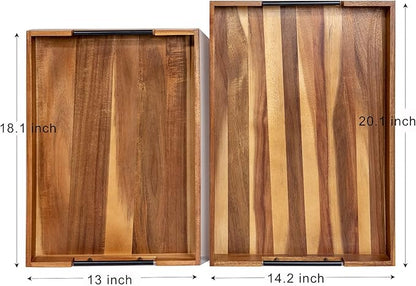 Extra-Large Wooden Tray Set of 2, (20.1'' + 18.1'') Serving Tray with Metal Handles, Rectangle Rustic Serving Trays for Breakfast, Used in Kitchen Counter, Coffee Table, Bedroom, Living Room