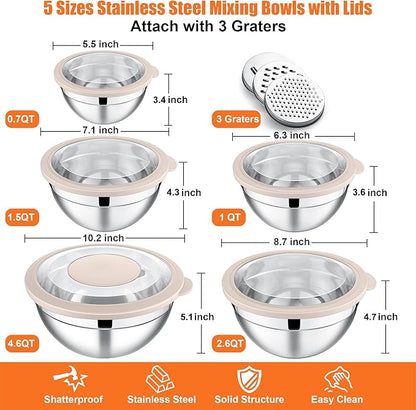 E-far Mixing Bowls Set of 5, Stainless Steel Salad Mixing Bowl with Transparent Lid, Metal Nesting Bowl Attach with 3 Graters for Kitchen Prepping/Serving/Baking/Storage, 4.6/2.6/1.5/1/0.7 QT - Khaki
