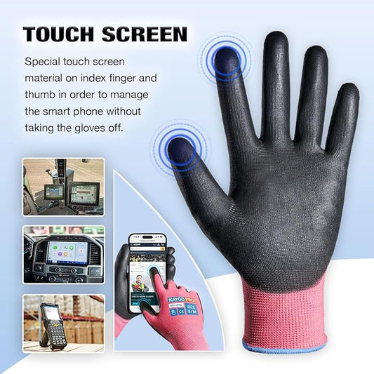 KAYGO Safety Work Gloves PU Coated for Men and Women- KG11PB,12 Pairs,Seamless Knit Glove with Two Fingers Touchscreen,Ideal for General Duty Work (L,Pink)