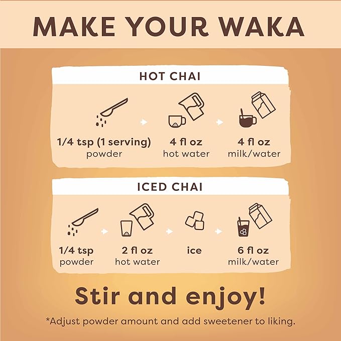 Waka Traditional Chai Tea Powder Mix - Chai Tea Concentrate Sugar Free. Pure Leaves from India, Natural Spices, Unsweetened, No Additives (4.5oz Pouch, 195 Servings)