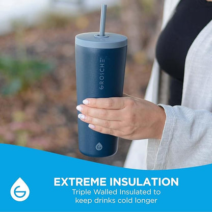 GROSCHE Jasper Insulated Stainless Steel Tumbler With Straw – Travel Cup with Lid, Extreme Insulation & Sleek Design, 23 oz - Blue