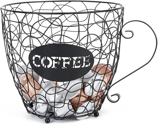 Coffee Pod Holder, Super Large Capacity K-Cup & Nespresso Capsule Basket, XL Metal Kcup Storage, Bar Organizer for Kitchen Dinning Room Office Home Cafe Hotel (Black-Round-Cup)