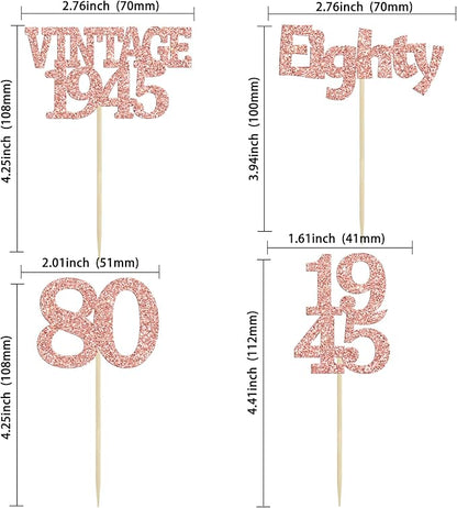 Gyufise 24Pcs 80th Birthday Cupcake Toppers Glitter Cheers to 80 Fabulous Eighty Vintage 1945 Cupcake Picks 80th Birthday Wedding Anniversary Party Cake Decorations Supplies Rose Gold