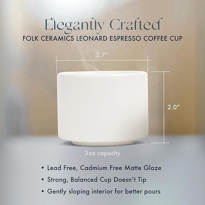 Folk Ceramics Leonard Ceramic Espresso Cups | Modern Stackable Demitasse Mugs for Espresso | Thick Walled, Handleless, Durable, Dishwasher & Microwave Safe | Set of 2, 3oz | Whisper White
