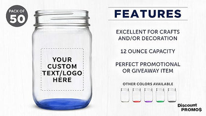 DISCOUNT PROMOS Custom Decorating Mason Jars 12 oz. Set of 50, Personalized Bulk Pack - Glass Jars for Overnight Oats, Candies, Fruits, Pickles, Spices, Beverages - Blue