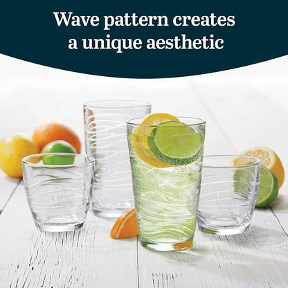 Libbey Orbita Tumbler and Rock Glass Set, Durable, Chip-Resistant Glass Cups Set with Wave Pattern, Glasses Drinking Set of 16 for Any Occasion