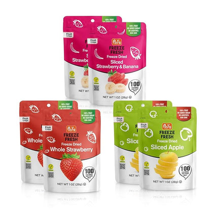Pol’s Freeze Fresh - 6 Pack Freeze-Dried Fruit Mix – Whole Strawberry, Sliced Apple, Strawberry-Banana (1 Oz x6), No Sugar, Non-GMO, Kosher, Vegan, Gluten-Free