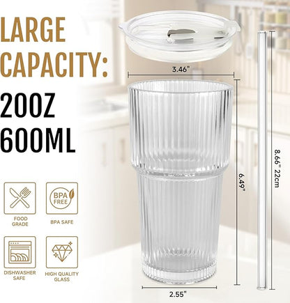 20oz Ribbed Glass Cups with Lids and Straws, Vintage Glass Tumbler with Straw, 2 Piece Iced Coffee Cups Set, Thicked Wall Drinking Glasses Ideal for Coffee, Smoothies, Juices Matchas