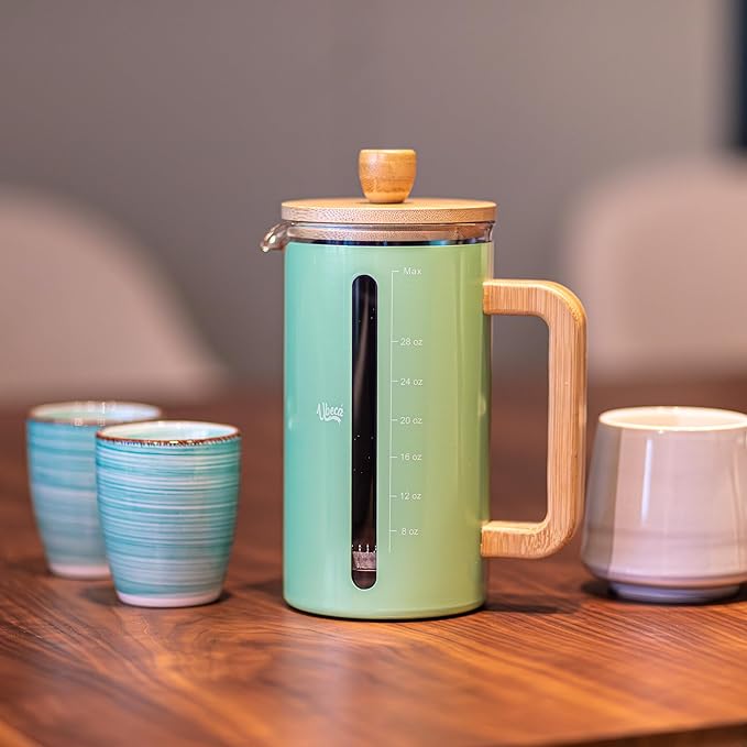 French Press Coffee Maker - 34 oz large Coffee Press with Bamboo Wood Handle, mint green, Heat Resistant Thick Borosilicate Glass carafe, 2 Layer Filter, Stainless Steel Long-lasting easy to use