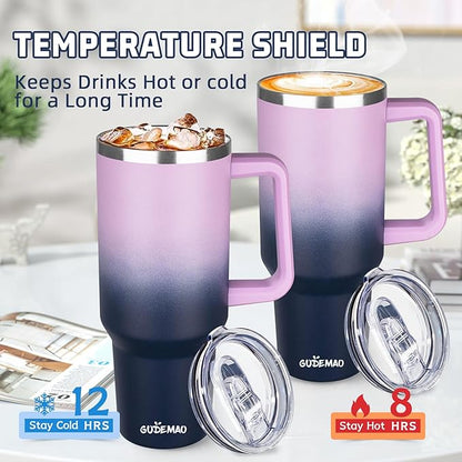 40 oz Insulated Coffee Mug with Ceramic Coating, Stainless Steel Travel Mug Tumbler with Handle Lid and Straw, Double Wall Leak-Proof Coffee Travel Mug Keeps Drink Hot and Cold (Purple Navy)