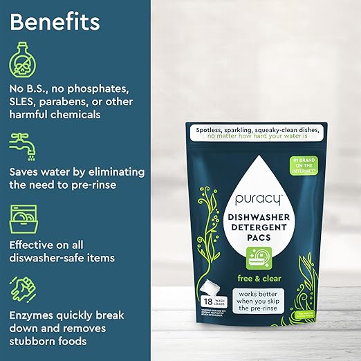 Puracy Dishwasher Pods, Natural Dishwasher Detergent, Free & Clear Dish tabs - Enzyme-Powered, Spot & Residue Free - TikTok Trend Items, Must Haves from TikTok Made Me Buy It (Free & Clear, 18 Count)