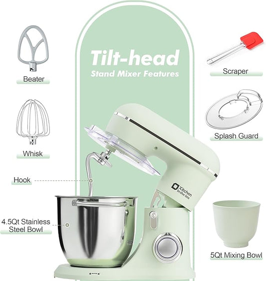 Kitchen in the box Stand Mixer, 4.5QT+5QT Two bowls Electric Food Mixer, 10 Speeds 3-IN-1 Kitchen Mixer for Daily Use with Egg Whisk,Dough Hook,Flat Beater (Pastel Green, 5QT)