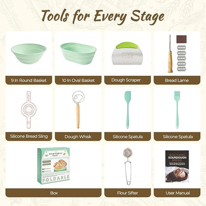 Silicone Sourdough Breads Baking Supplies, Sourdough Starter Kit, Banneton Bread Proofing Basket Set with 9" Round & 10" val, Artisan Bread Baking Tools, Silicone Bread Sling