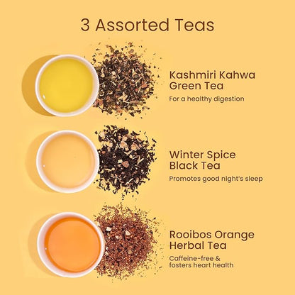Teaniru, Grandeur Tea Collection – Pack of 200 | Loose Leaf Tea Sampler Gift | 3 Flavored Tea - Black, Herbal & Green Tea | Loose Leaf Tea Gift Set for Corporate Gifting