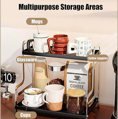 KISKIS Coffee Mug Cup Holder Space Saving 2-Tier Sturdy Stable Metal Storage Shelf, Prevent Falling Scratch Resistant Kitchen Rack Office Bathroom Desktop Organizer,Black+sliver