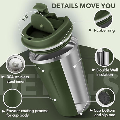 Volhoply 12 oz Double Wall Insulated Vacuum Travel Coffee Mugs with Flip Lid Bulk 2 Pack,Reusable Stainless Steel Leak Proof Coffee Cup,Portable Thermal Tumbler for Cold & Hot Drinks(Army Green,2 Set)