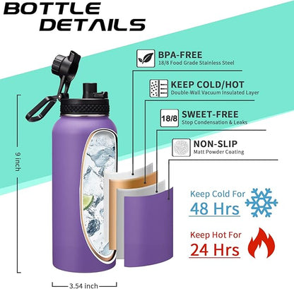 32 oz Water Bottles with Straw & Spout Lid, Paracord Handle & Strap, Double Wall Insulated Flask Water Bottle, Reusable Wide Mouth Gym Water Bottles for Women and Men for Fitness Sports