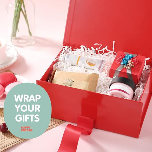 HAPPY POTATO Christmas Gift Box with Ribbon 9x6.5x3.8 Inches, Red Gift Box with Lid, Bridesmaid Proposal Box, Magnetic Gift Boxes for Presents (Glossy Red)
