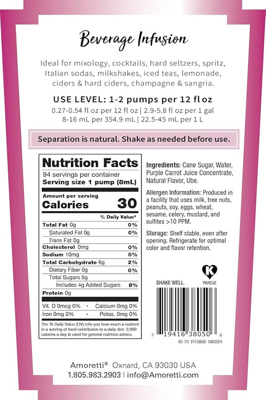 Amoretti - Ube Beverage Infusion, 94 Servings Per Bottle (750 ml) - Drink Mix & Water Enhancer with Pump for Flavoring Cocktails, Waters, Teas, and other Beverages, Preservative Free