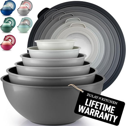 Zulay Kitchen 12 Piece Plastic Nesting Mixing Bowls with Lids - Colorful Microwave & Freezer Safe Gray Ombre Set