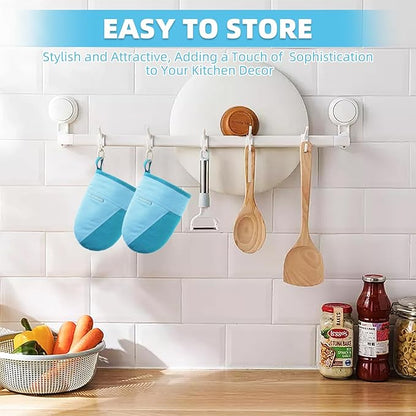 Mini Oven Mitts, Kitchen Oven Gloves Kitchen Mittens 500 Degrees Heat Resistant Baking Gloves, Non-Slip Silicone Surface with Hanging Loops Hot Gloves for Cooking, Baking, BBQ 1 Pair-Blue