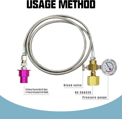 Soda Terra Maker Co2 Adapter,Co2 Quick Connect Adapter Hose with 3500psi Pressure Gauge,Compatible with Duo/Art/Terra/Gaia/AQUA FIZZ Pink Cylinder Soda Water Machine (60in)