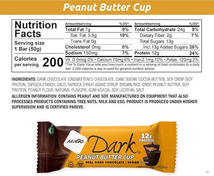 NuGo Dark Peanut Butter Cup, 12g Protein Bar, Vegan, Gluten Free, Non-GMO, Kosher Pareve, 24 Count