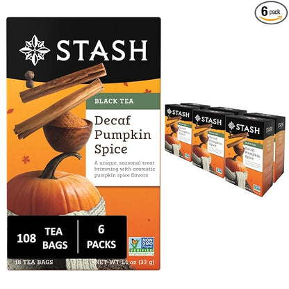 Stash Tea Decaf Pumpkin Spice Black Tea - Decaf, Non-GMO Project Verified Premium Tea with No Artificial Ingredients, 18 Count (Pack of 6) - 108 Bags Total