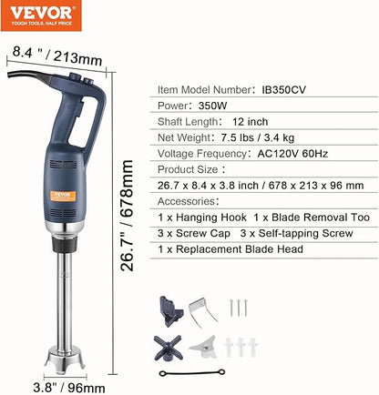 VEVOR Commercial Immersion Blender, 350W Heavy Duty Hand Mixer, 12 inch Stepless Variable Speed Mixer with Stainless Steel Blade, Multi-Purpose Portable Mixer for Soup, Sauces, Mashed Potatoes, Cream